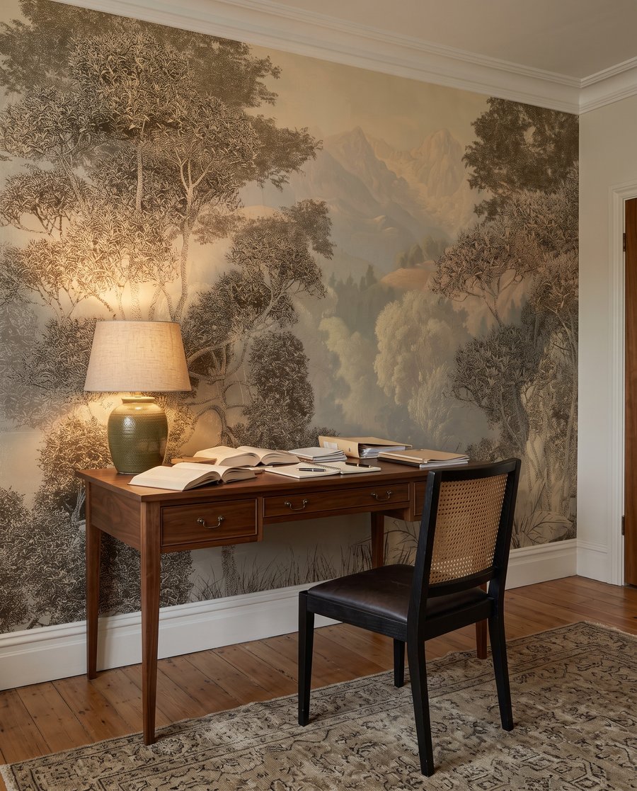 Een schilderij van een rivier en bomen in een interieur