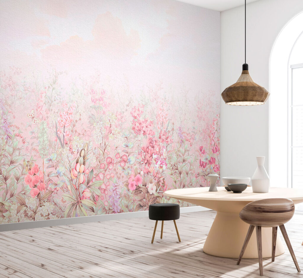 Bloemenweide in roze ochtendnevel — interieur 1