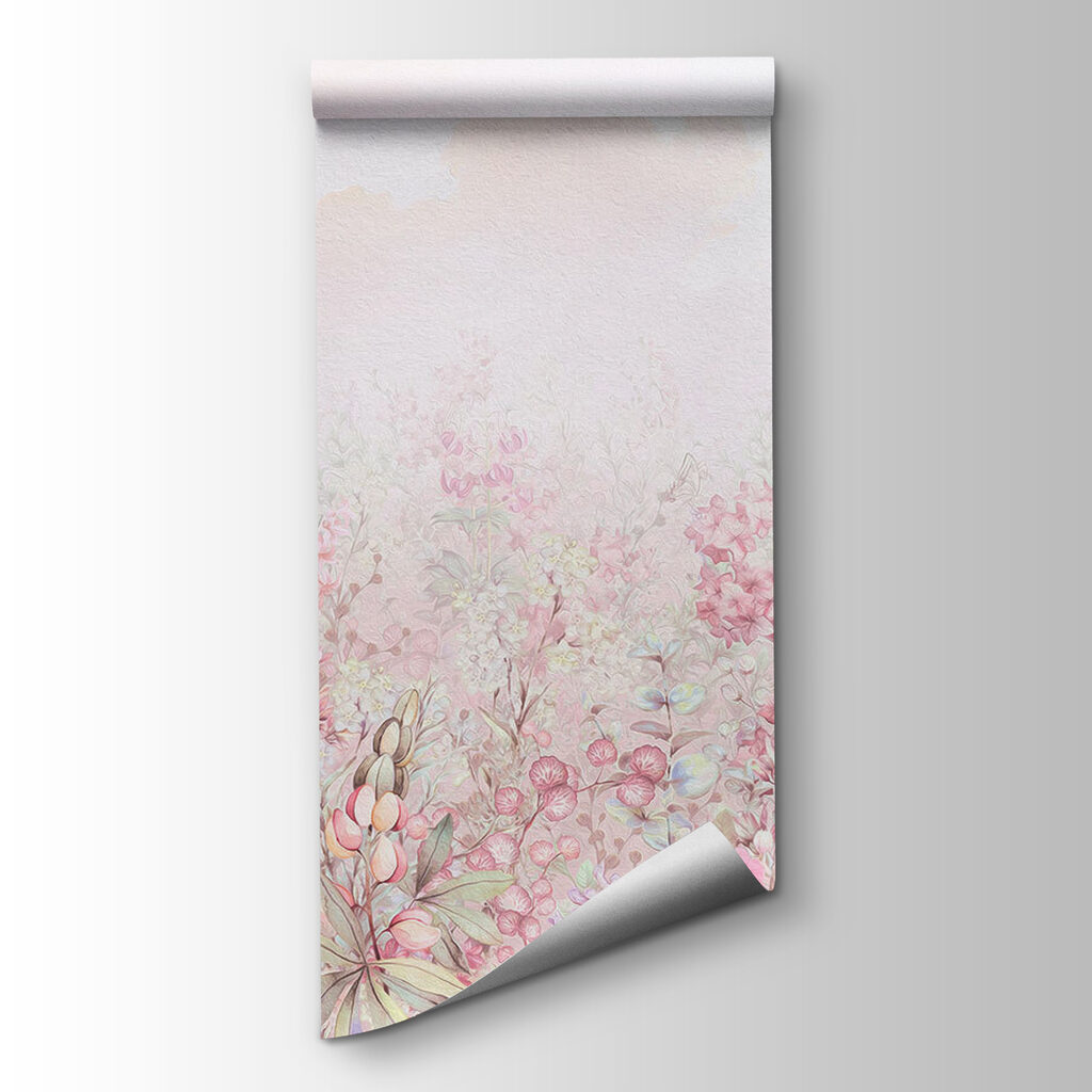 Bloemenweide in roze ochtendnevel — productweergave