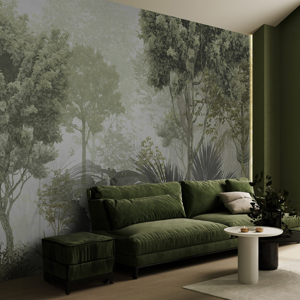 Een groep bomen en planten in een mistig bos in een interieur