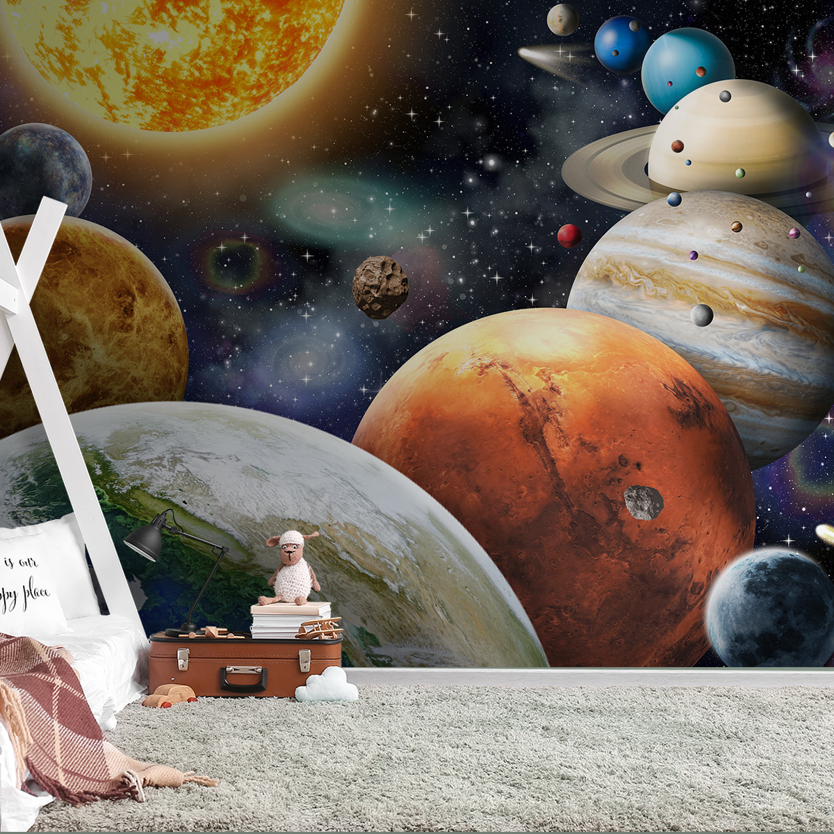 Planeten en sterren in de ruimte in een interieur