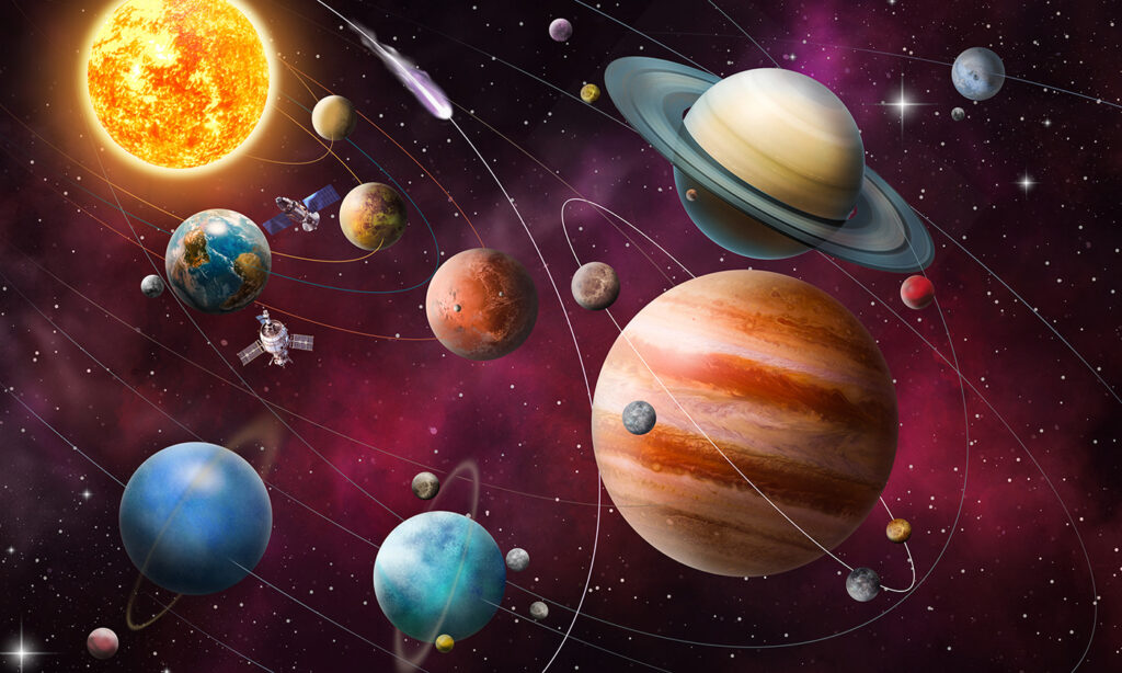 Rode ruimte vol planeten — volledig ontwerp