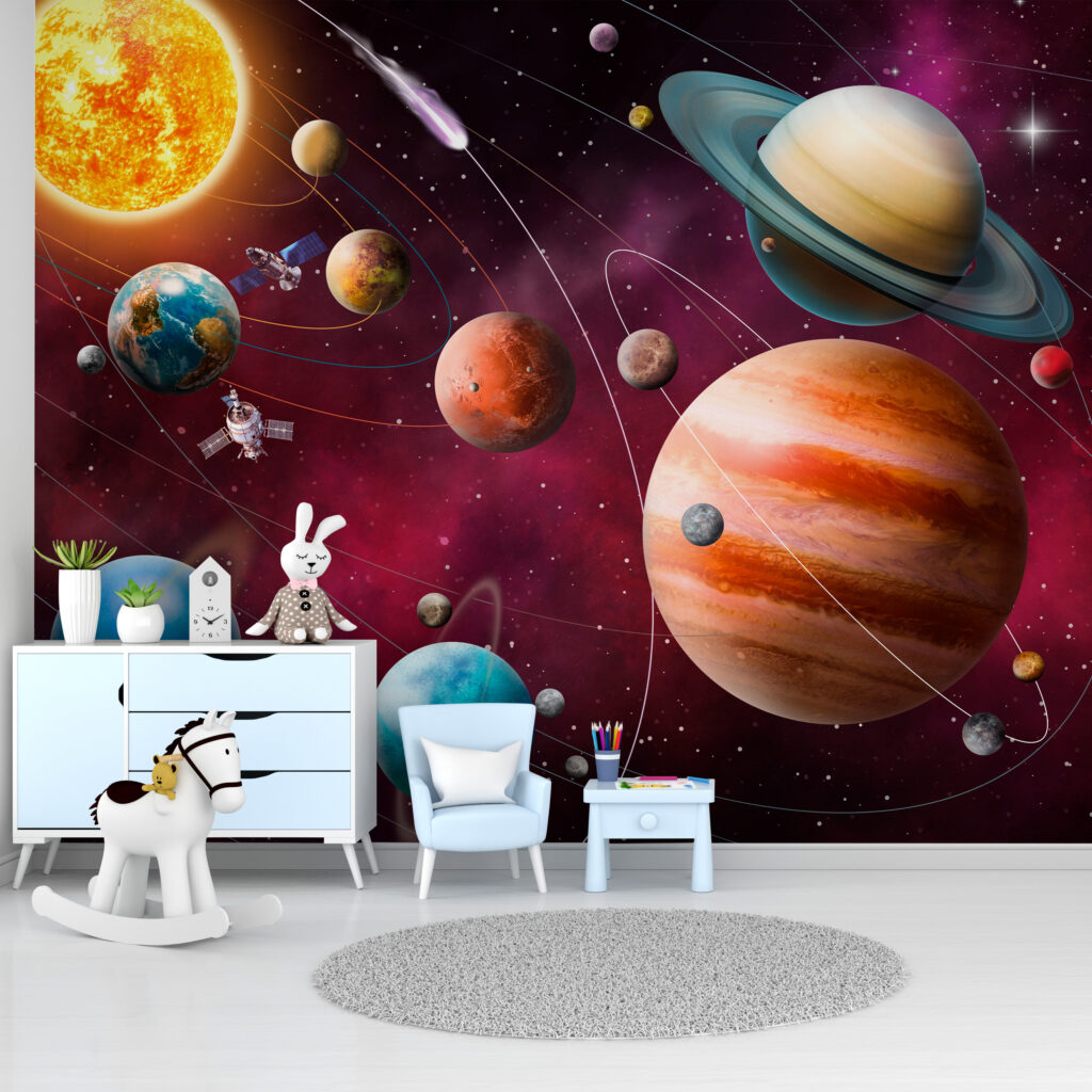 Planeten en sterren in de ruimte in een interieur