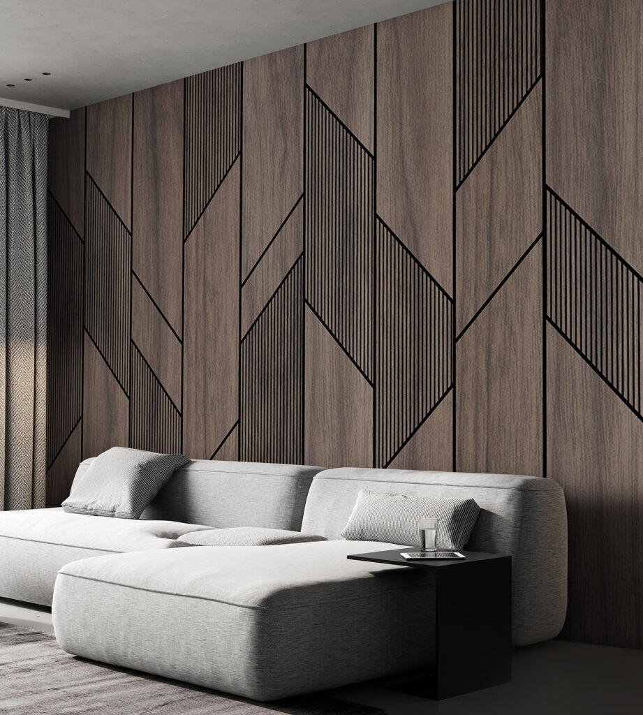 Een houten lambrisering met zwarte lijnen in een interieur