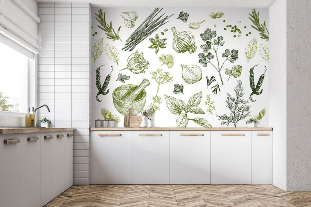 Groene kruiden in tekenlijnen — interieur 1