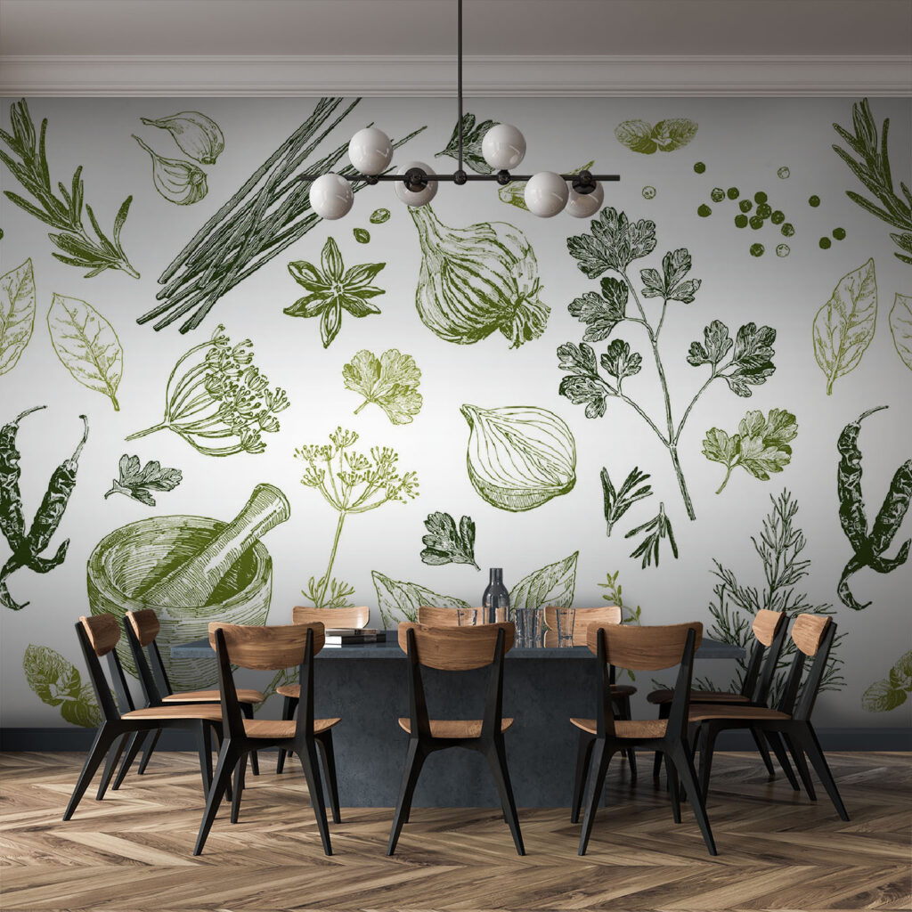 Groene kruiden in tekenlijnen — interieur 2
