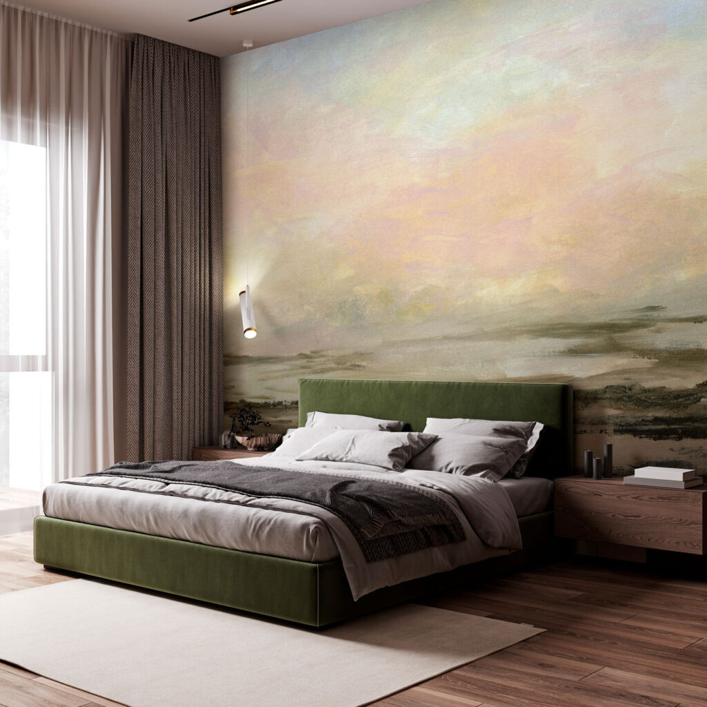 Een schilderij van een landschap in een interieur