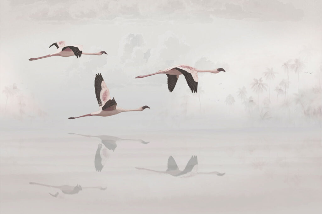 Flamingo's boven bleke spiegeling — volledig ontwerp