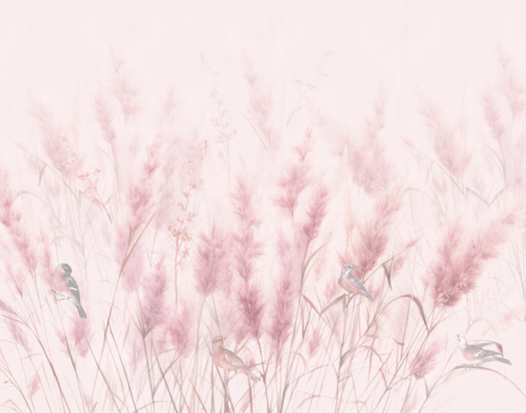 Een groep vogels in een veld met roze gras — volledig ontwerp