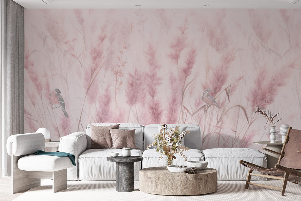 Een groep vogels in een veld met roze gras — interieur 4