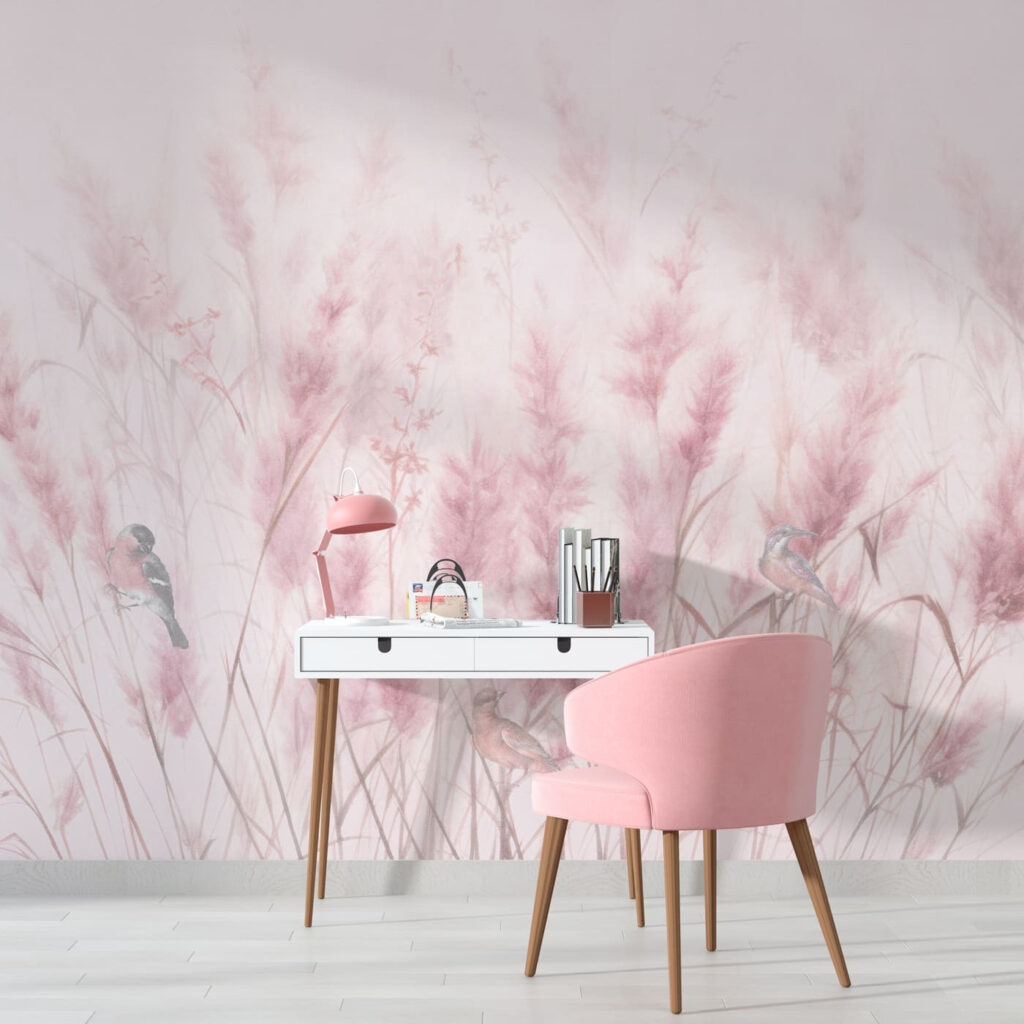 Een groep vogels in een veld met roze gras in een interieur