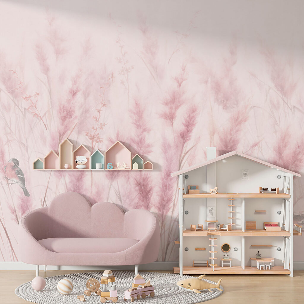 Een groep vogels in een veld met roze gras — interieur 5