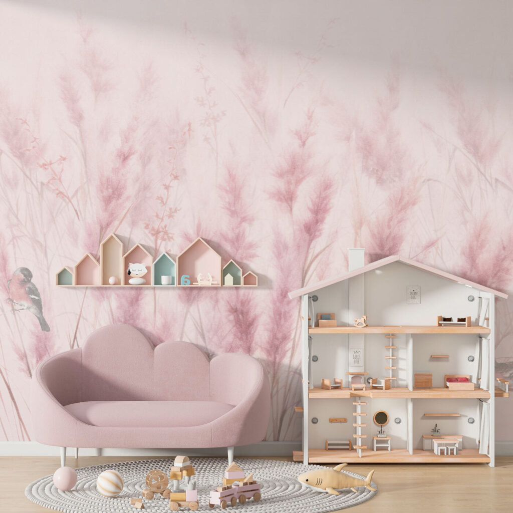 Een groep vogels in een veld met roze gras — interieur 2