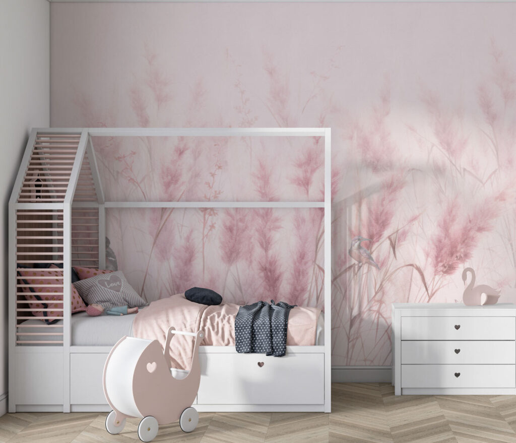 Een groep vogels in een veld met roze gras — interieur 3