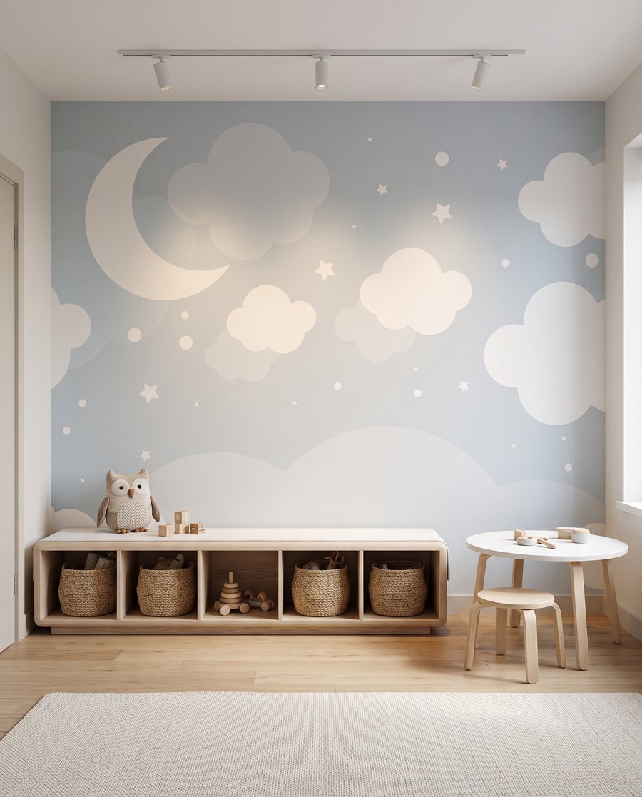 Maan tussen blauwe wolkjes in een interieur