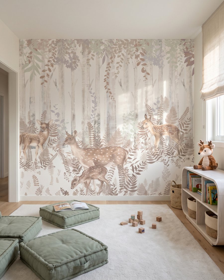 Herten tussen bleke varens in een interieur