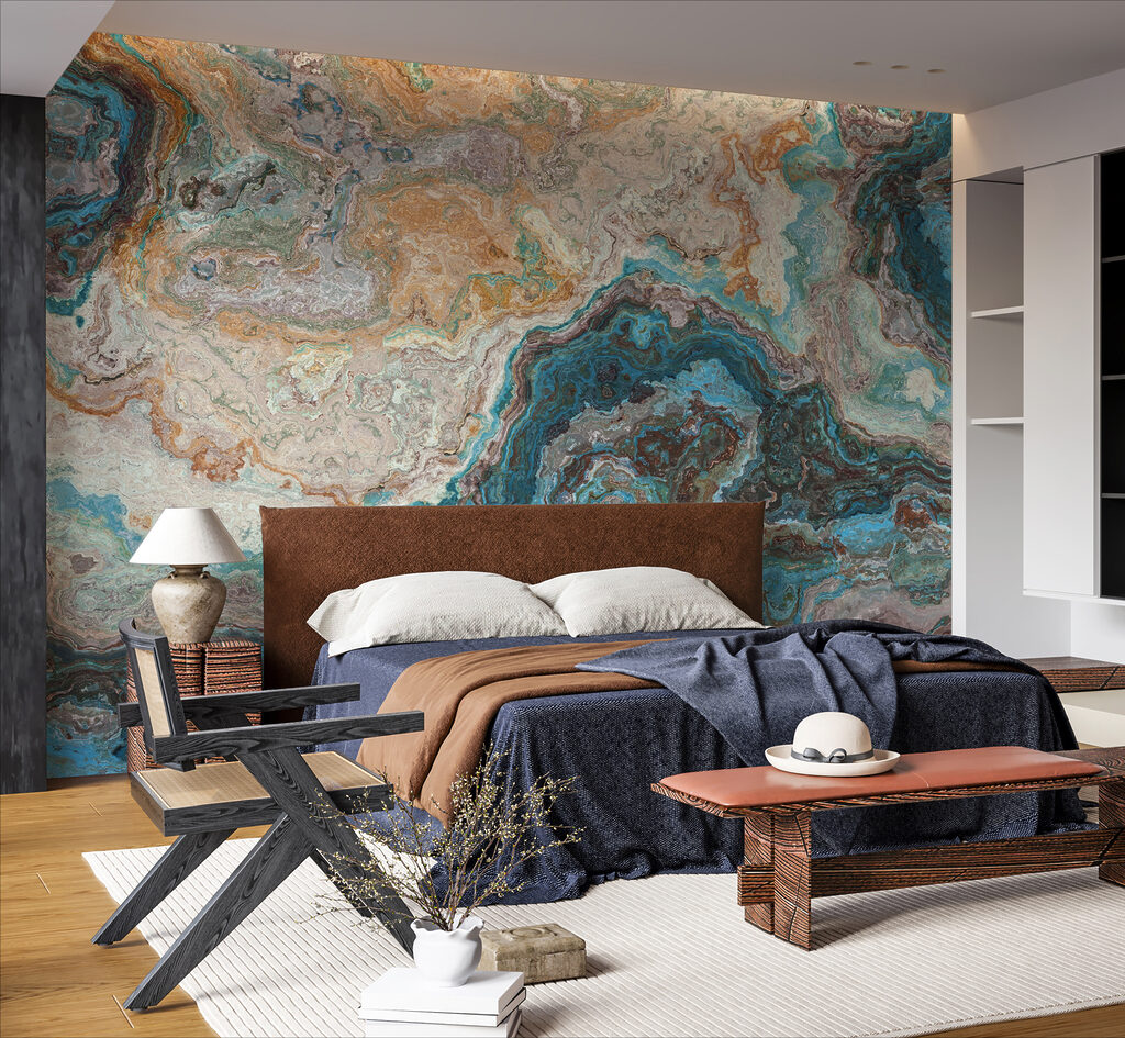 Turquoise steenlagen met okerlijnen — interieur 2