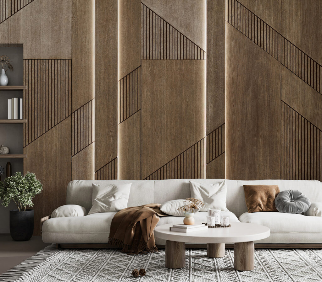 Elegant geometrisch ontwerp op houten panelen in een interieur