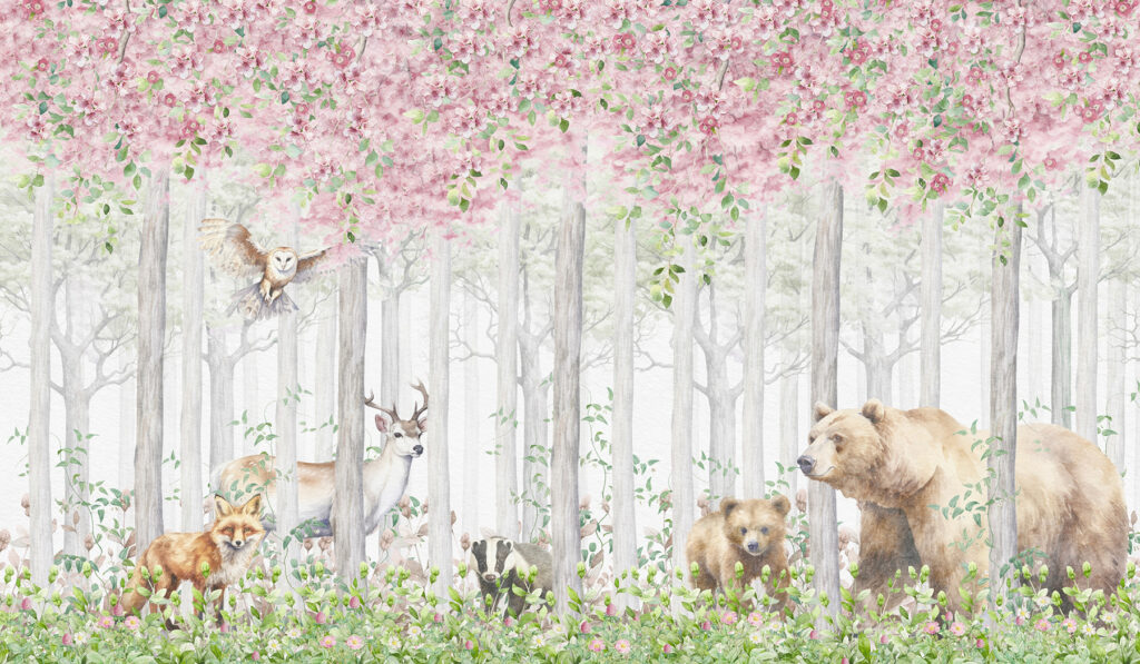Een schilderij van dieren in het bos — volledig ontwerp