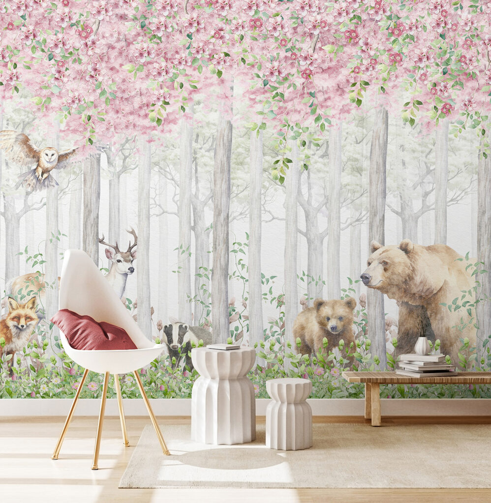 Een schilderij van dieren in het bos — interieur 1
