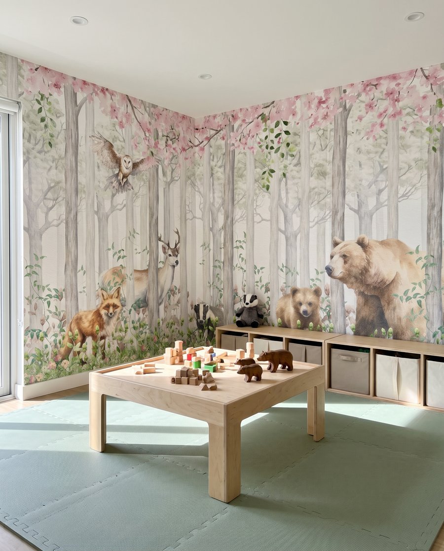 Bosdieren onder roze takken in een interieur
