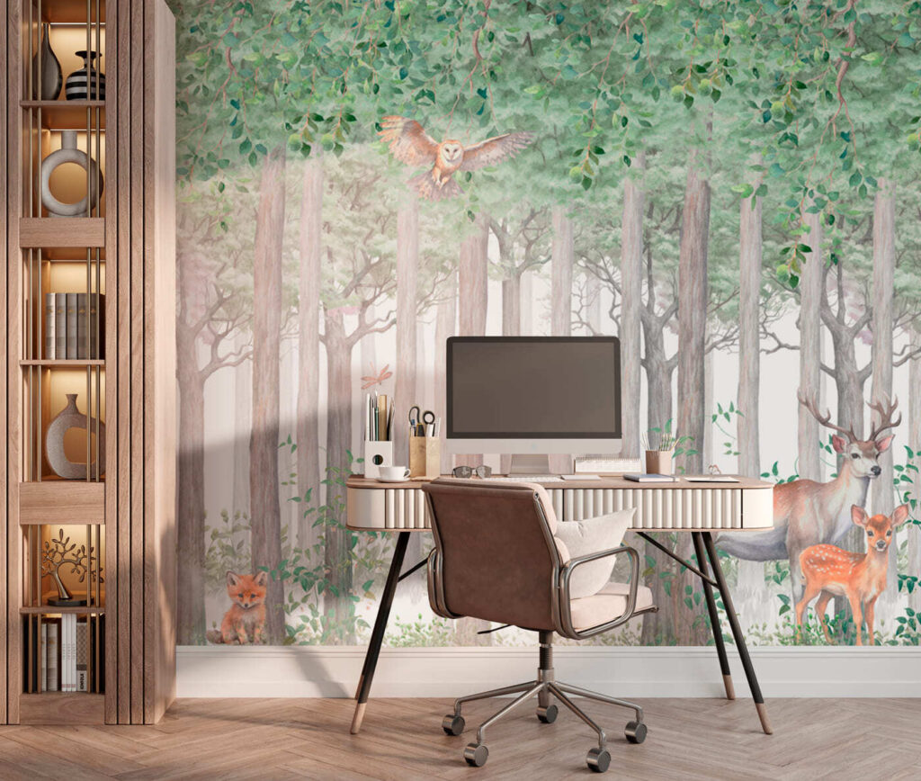 Bosdieren tussen lichte stammen — interieur 1