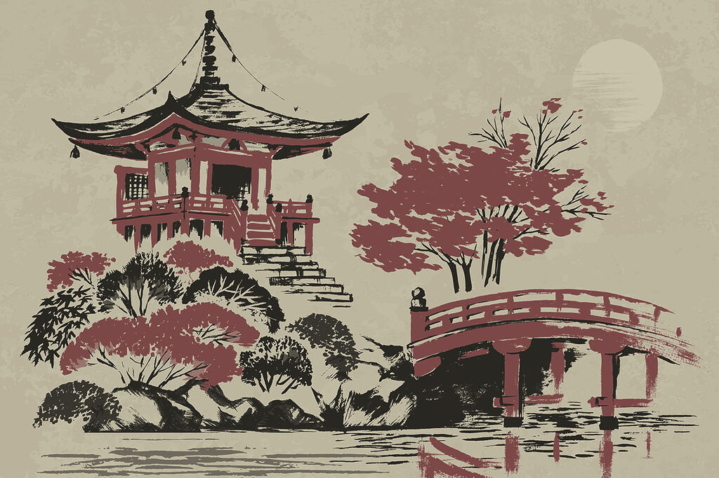 Pagode met rode brug — volledig ontwerp