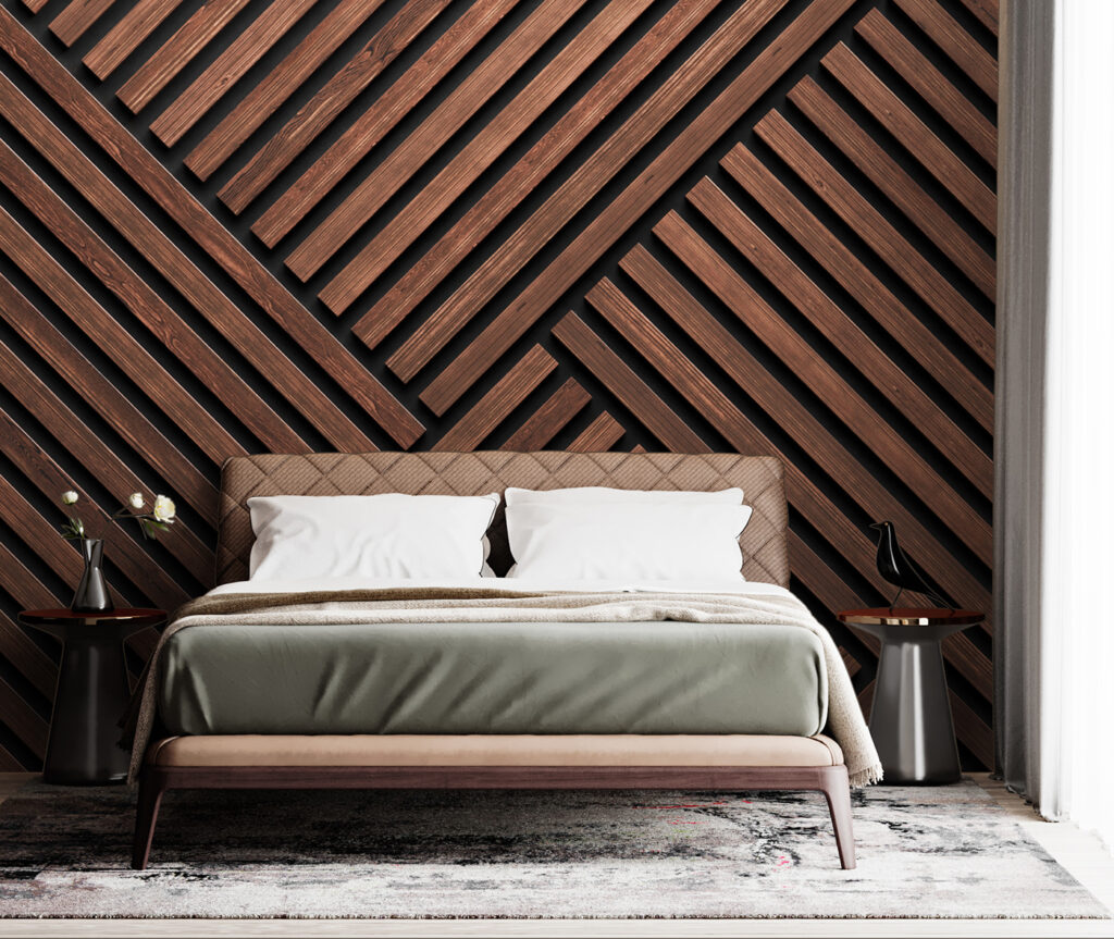 Houten latten in hoekpatroon — interieur 2