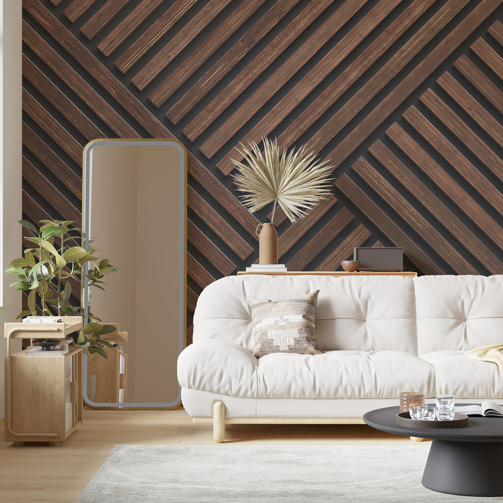 Houten latten in hoekpatroon — interieur 3