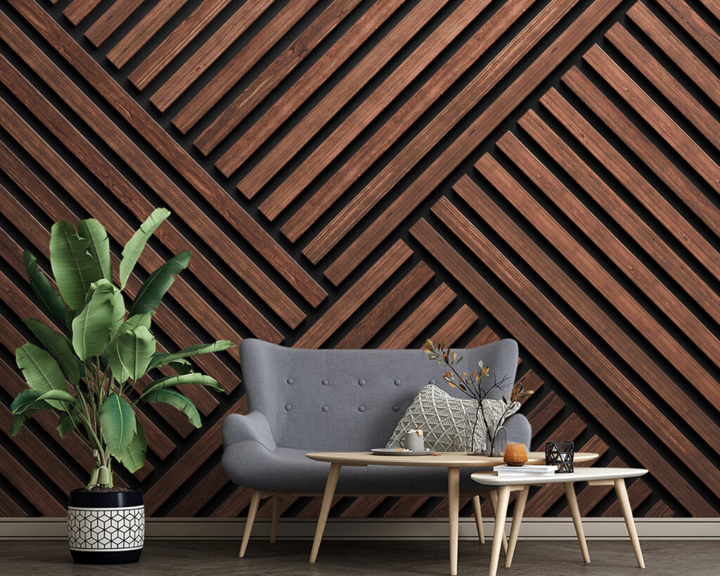 Houten latten in hoekpatroon — interieur 1