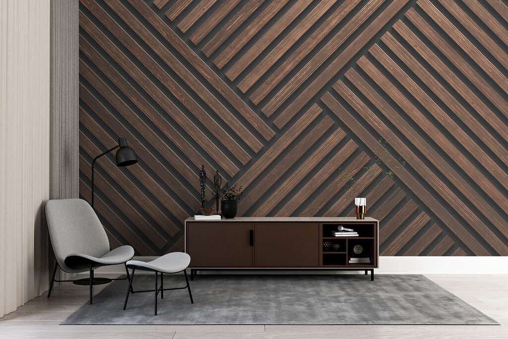 Houten latten in hoekpatroon — interieur 4