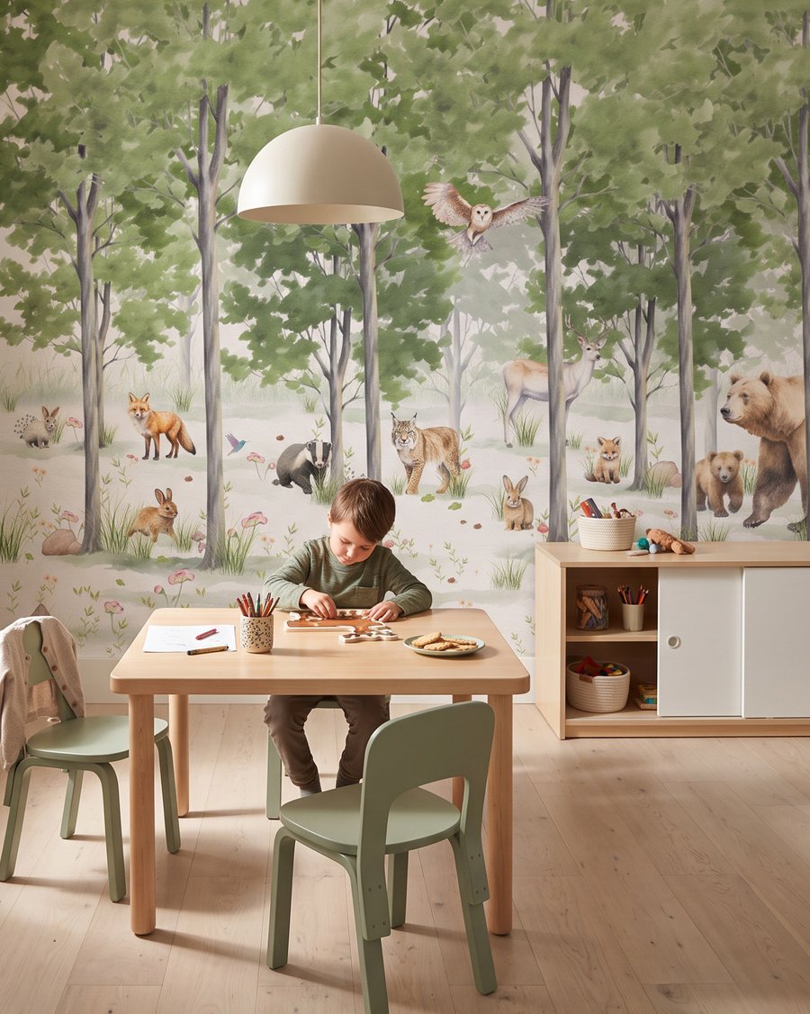 Een groep dieren in een bos in een interieur