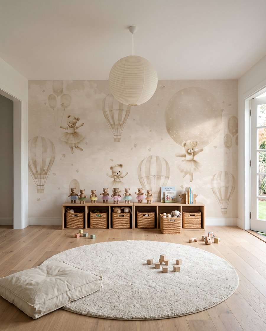Beertjes tussen bleke ballonnen in een interieur