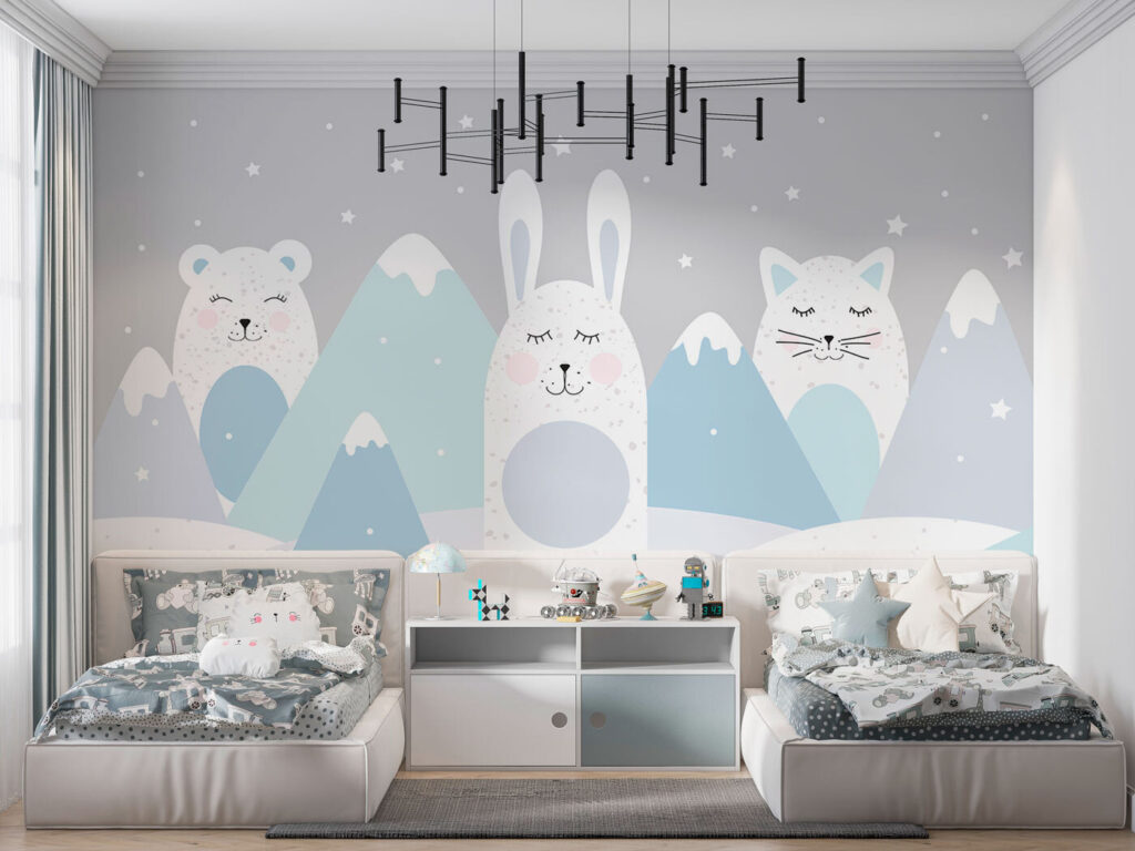 Een groep dieren in een besneeuwd landschap in een interieur