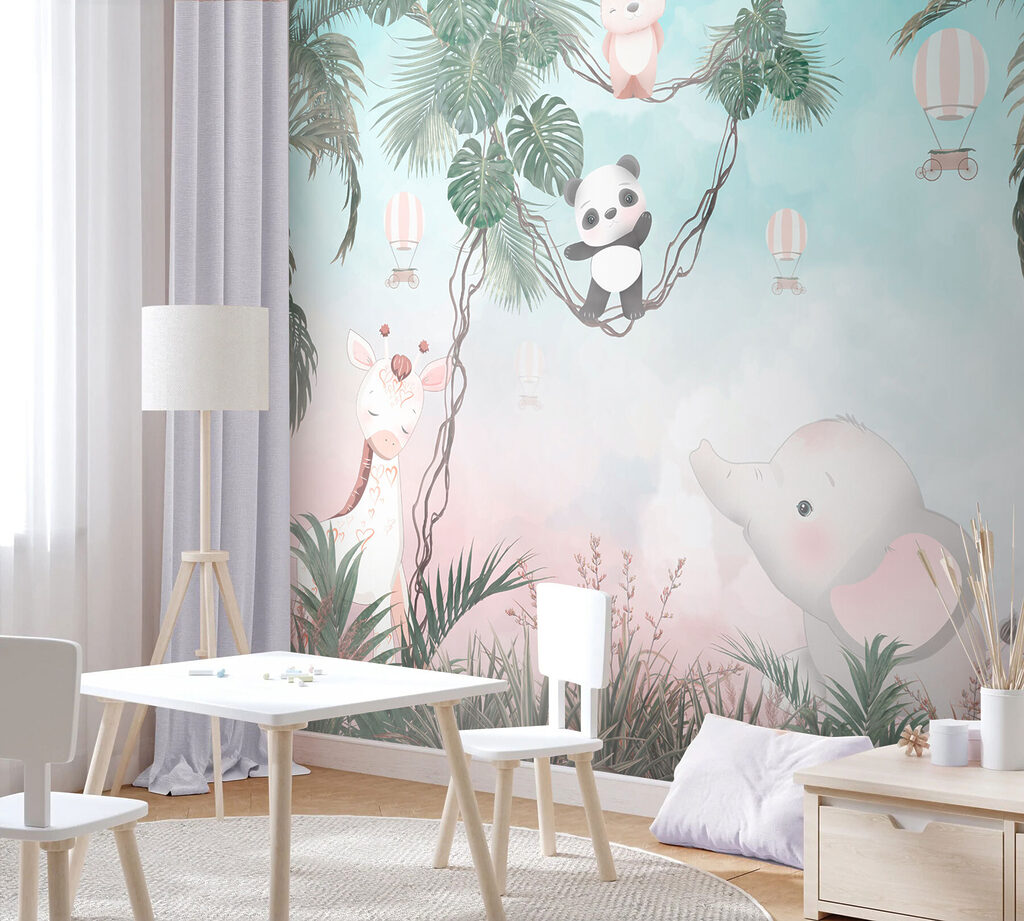 Een cartoon van dieren op een touw in een interieur