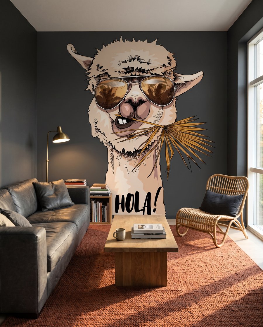 Lama met een zonnebril in een interieur