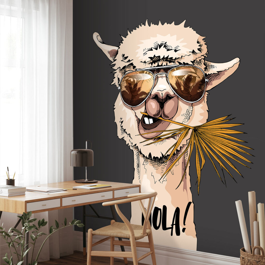 Een lama die een zonnebril draagt en een blad eet in een interieur