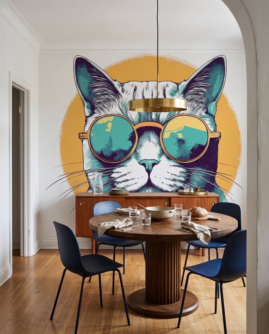 Een kat met een zonnebril in een interieur