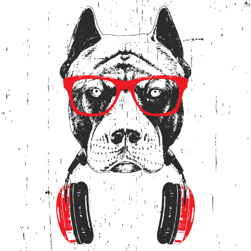 Hond met rode koptelefoon — volledig ontwerp