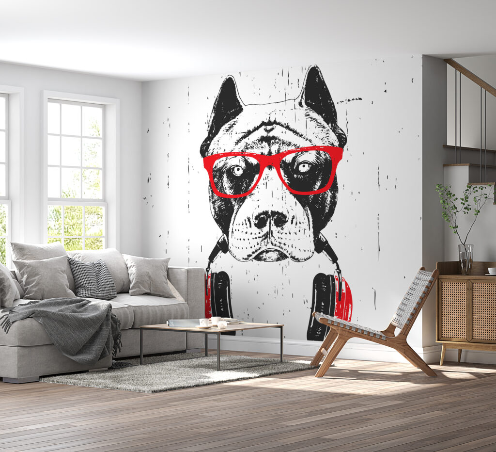 Hond met rode koptelefoon — interieur 2