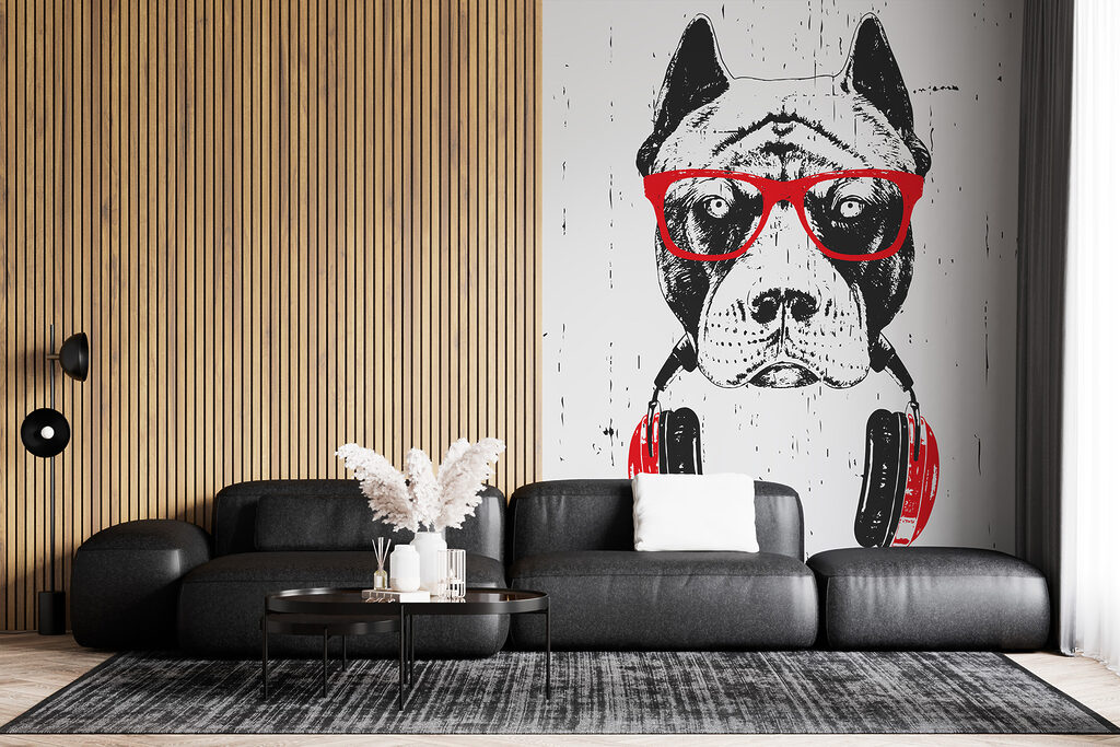 Hond met rode koptelefoon — interieur 4