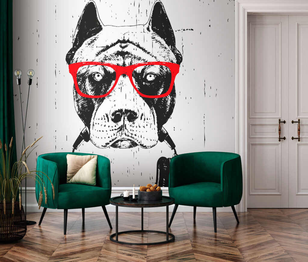 Hond met rode koptelefoon — interieur 3