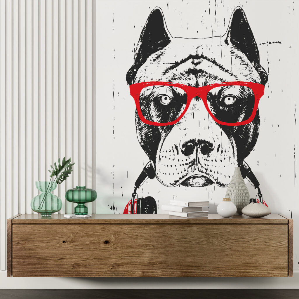 Een hond met bril en koptelefoon in een interieur