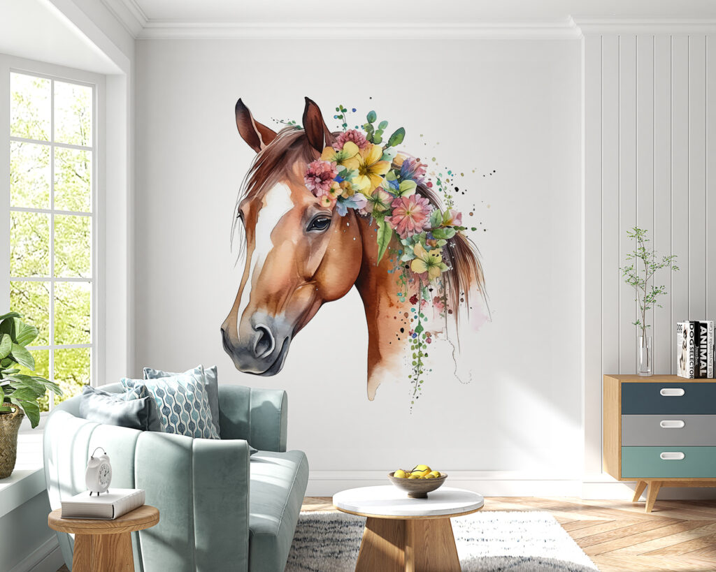 Een aquarel van een paard met bloemen op zijn hoofd in een interieur