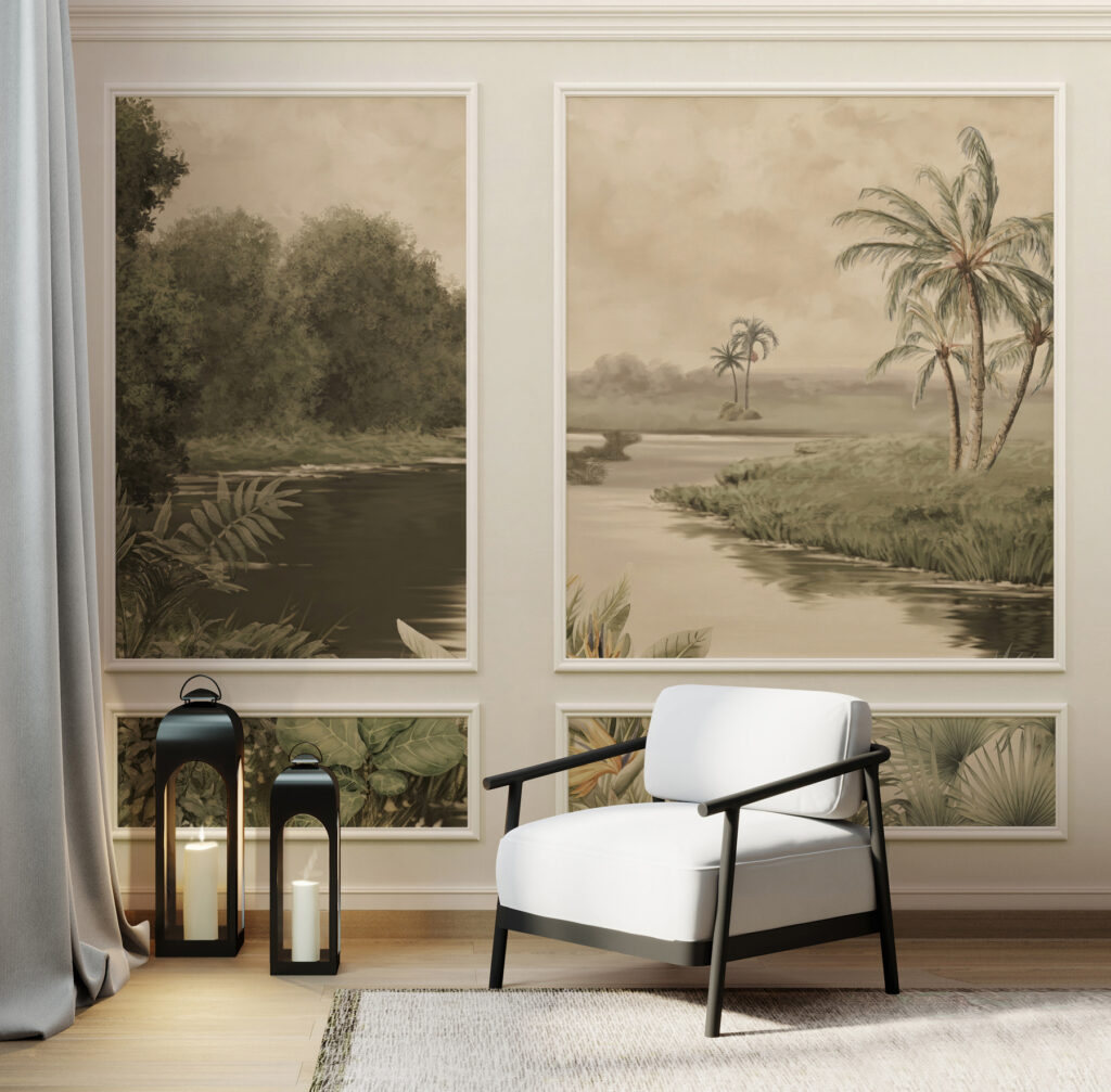 Oude tropentuin over wandpanelen — interieur 1