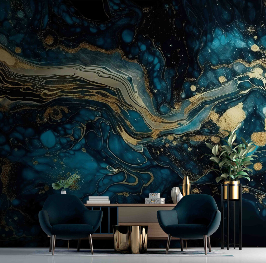 Wervelende blauwtinten en levendige accenten komen samen in een interieur