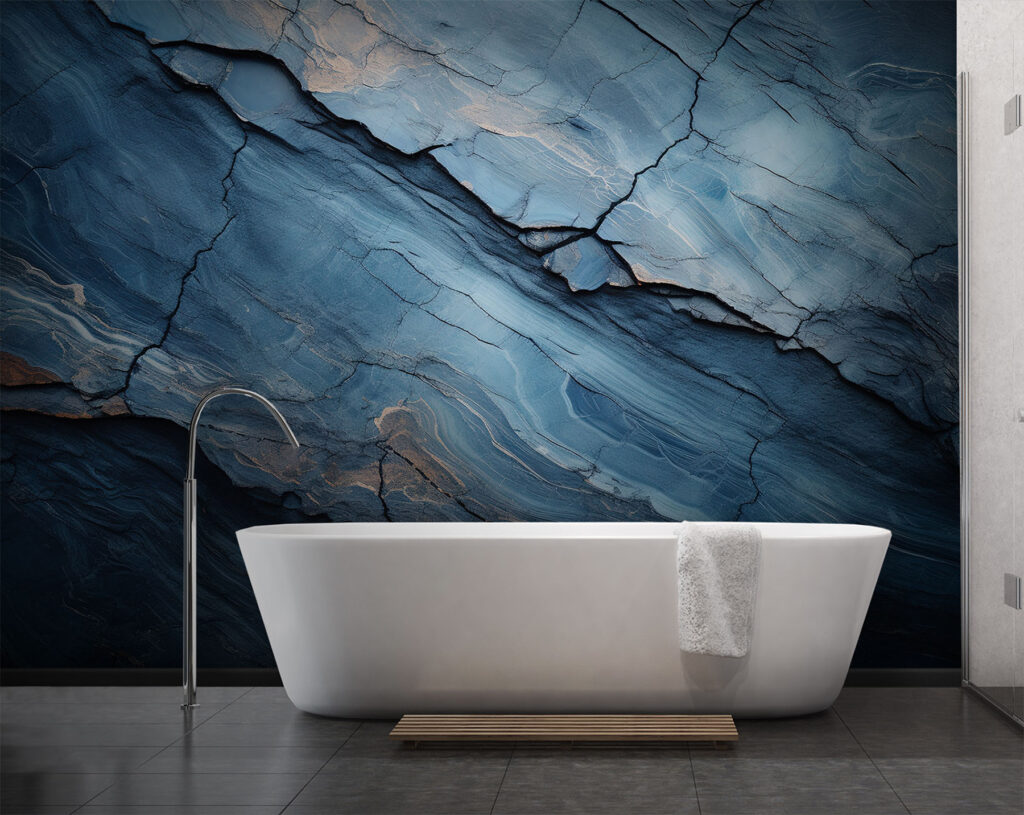 Abstracte blauwe rotsformaties en texturen in een interieur