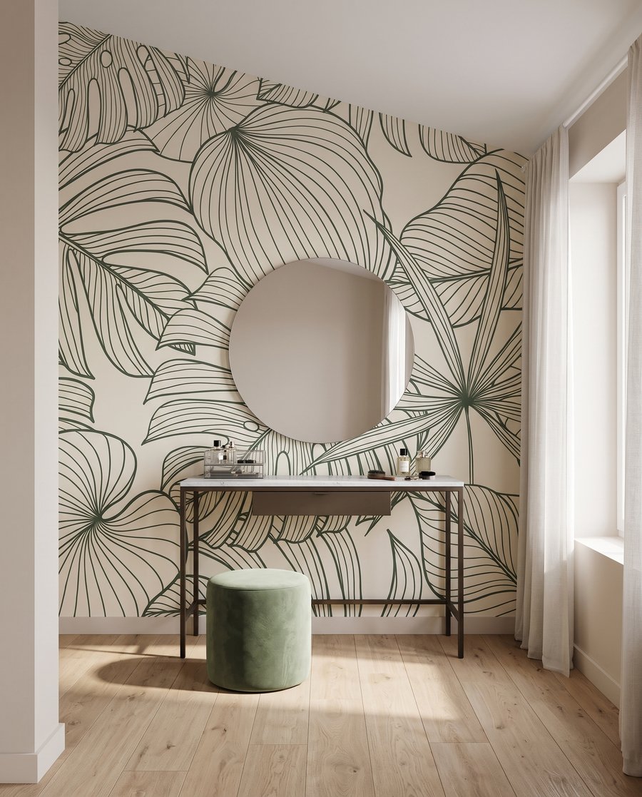Bladeren in groene contouren in een interieur