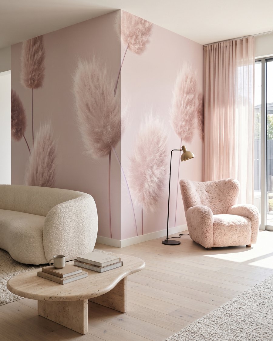 Pluimen op lange stelen in een interieur