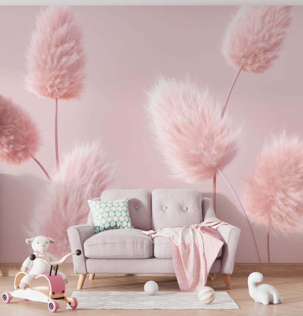 Een groep pluizige roze bloemen in een interieur